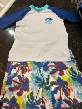Macy's White & Navy Rash Guard Set with Multi-Color Palm Swim Shorts